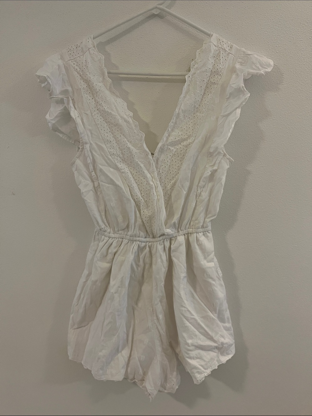 American Eagle Outfitters White Lace-Trim V-Neck Romper